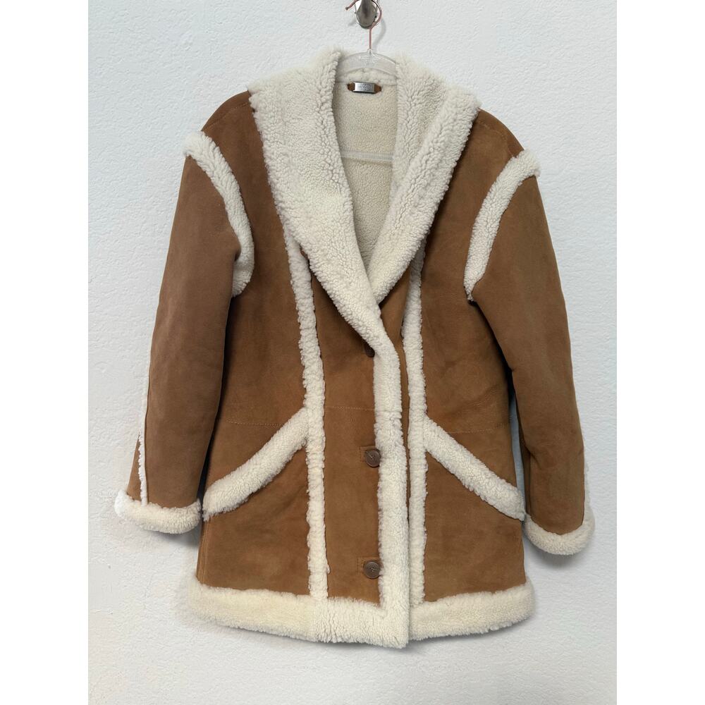 HiSO Genuine Sheepskin Shearling Coat Jacket Reversible Tan Size Small